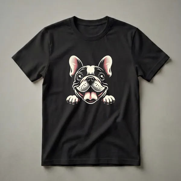 Cream and pink graphic illustration of a French Bulldog's face peeking over the bottom edge, with its tongue out and large eyes, on a black shirt.