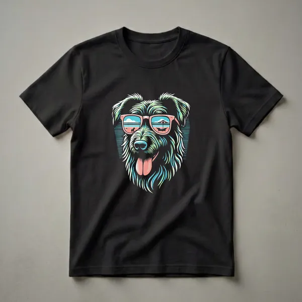 Black t-shirt featuring a colorful graphic of a shaggy dog wearing coral sunglasses, with a beach scene reflected in the lenses.