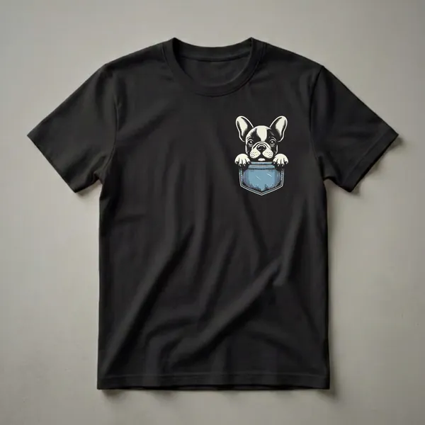 A graphic t-shirt design featuring a cream and black French Bulldog peeking out of a blue denim pocket with its paws resting on the edge.