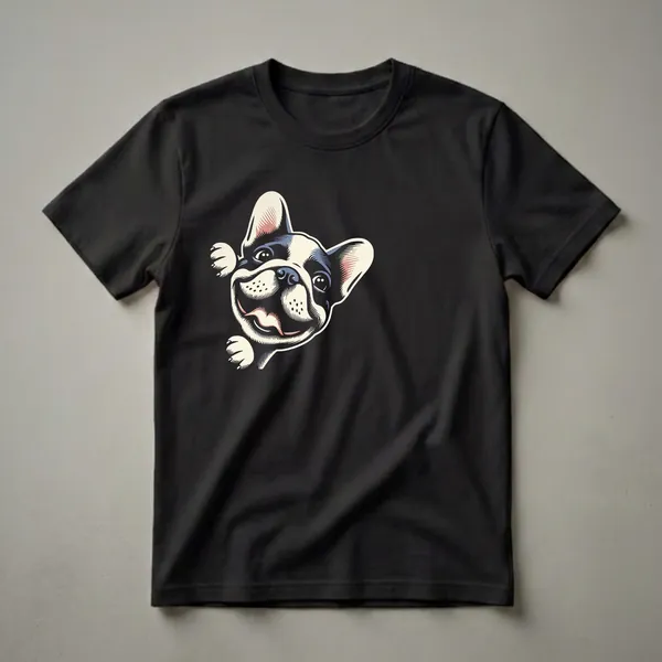 Black t-shirt featuring a vintage-style graphic of a French Bulldog's head peeking from the left side, with a wide smile and playful expression.