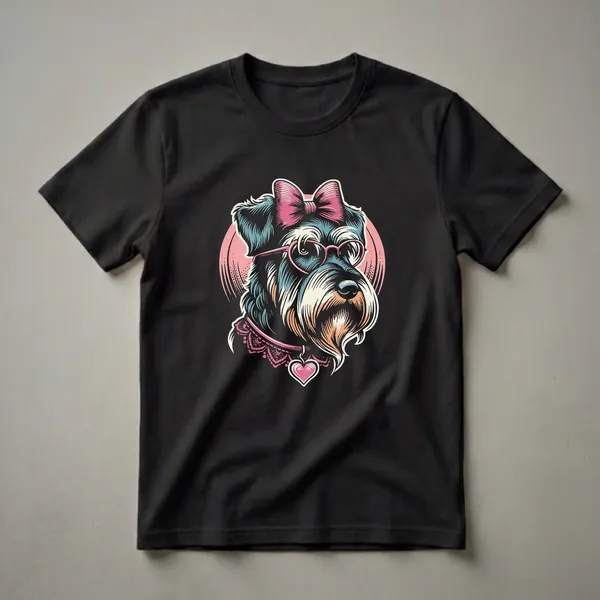 Black graphic t-shirt featuring a stylized Schnauzer dog wearing pink heart-shaped glasses and a pink bow, with a pink lace collar and heart charm.