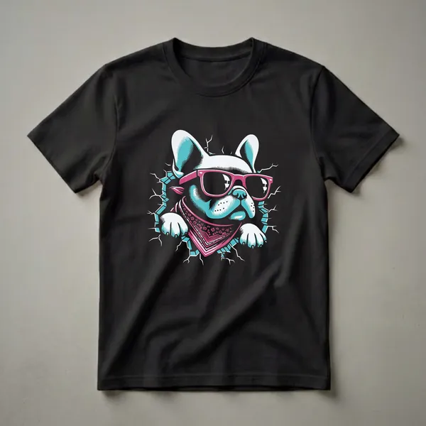 A graphic t-shirt featuring a white French Bulldog wearing pink sunglasses and a pink bandana with paw prints, breaking through a cracked surface against a black background.