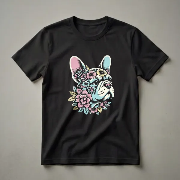 A black t-shirt featuring a graphic design of a French Bulldog's head surrounded by pastel pink, blue, and yellow flowers and leaves.