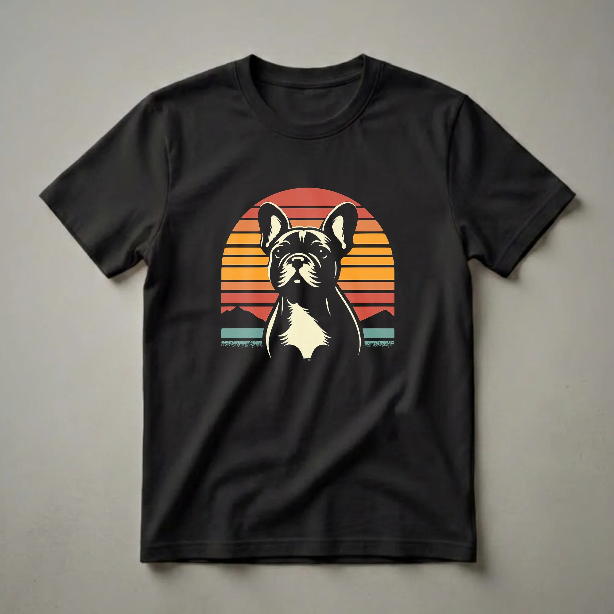 Black French Bulldog graphic t-shirt with a retro sunset, mountains, and teal landscape.