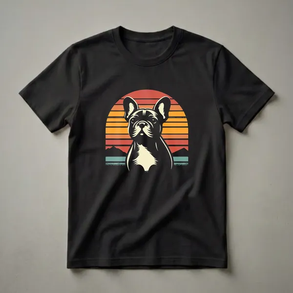 Black French Bulldog graphic t-shirt with a retro sunset, mountains, and teal landscape.