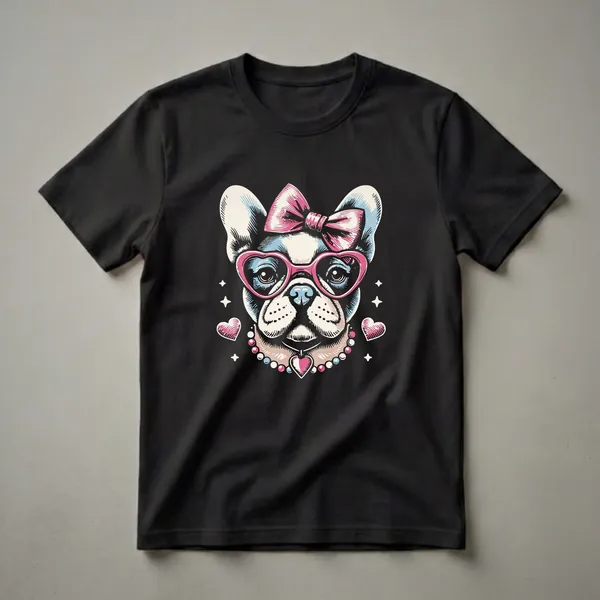 A graphic t-shirt featuring a French Bulldog wearing a pink bow, pink heart-shaped glasses, and a pearl necklace with a heart pendant, surrounded by stars and hearts.