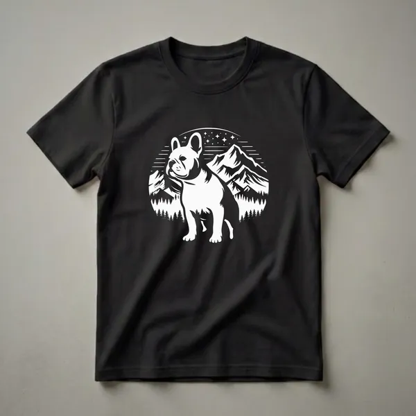 Black t-shirt with a white graphic of a French Bulldog sitting in front of a mountain range, pine trees, and a starry night sky.
