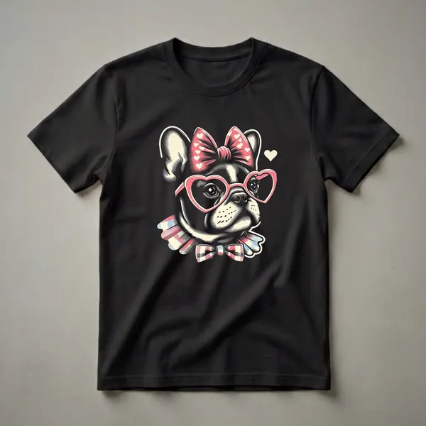 Black t-shirt featuring a graphic of a French Bulldog wearing a pink heart-patterned bow, pink heart-shaped glasses, and a plaid bow tie.