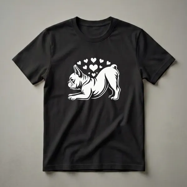 White silhouette of a French Bulldog in a yoga pose with hearts above, on a black t-shirt.