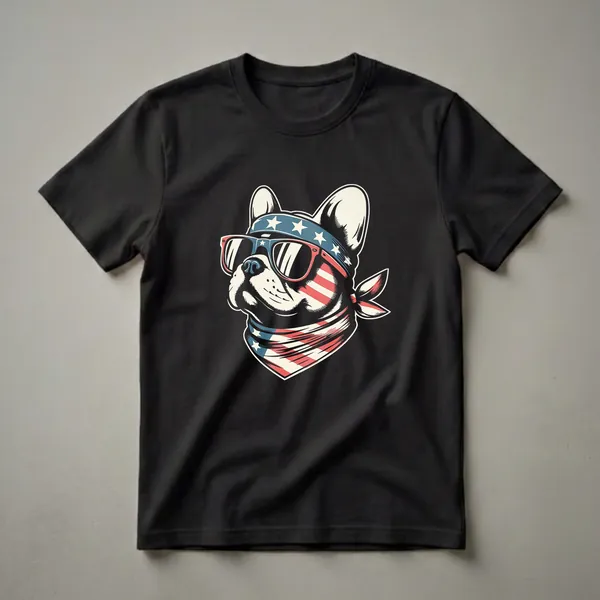 A graphic t-shirt design featuring a French Bulldog wearing red-framed sunglasses, a blue bandana with white stars, and a red and white striped neck bandana, all in a patriotic American flag theme.