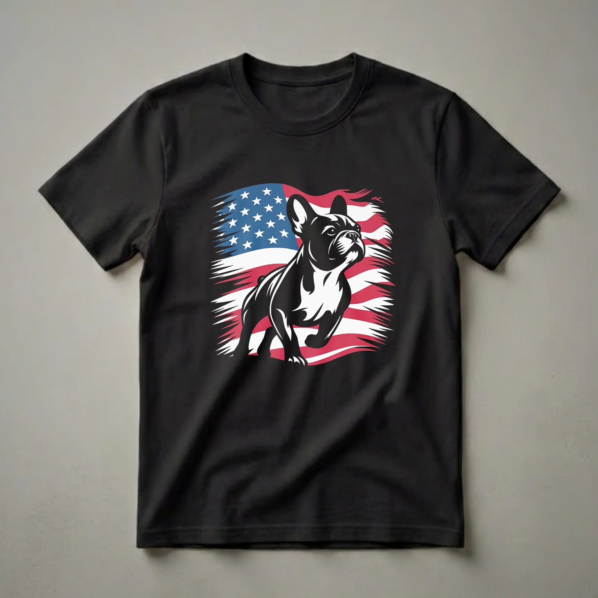 Black and white French Bulldog graphic with a distressed American flag background on a black t-shirt.