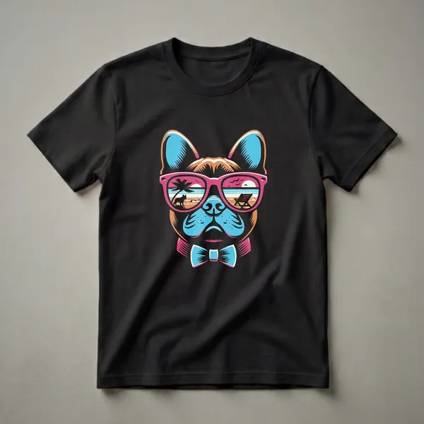 Black t-shirt featuring a colorful graphic of a French Bulldog wearing pink sunglasses that reflect a beach sunset scene with a palm tree and a lounge chair.