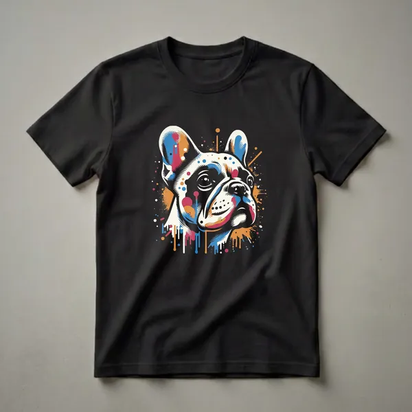 Black t-shirt featuring a colorful, abstract graphic art design of a French Bulldog's head with paint splatters and drips in blue, red, and orange.