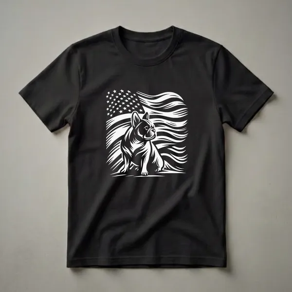 Black and white graphic t-shirt featuring a French Bulldog sitting in front of a stylized American flag with flowing stripes and stars.