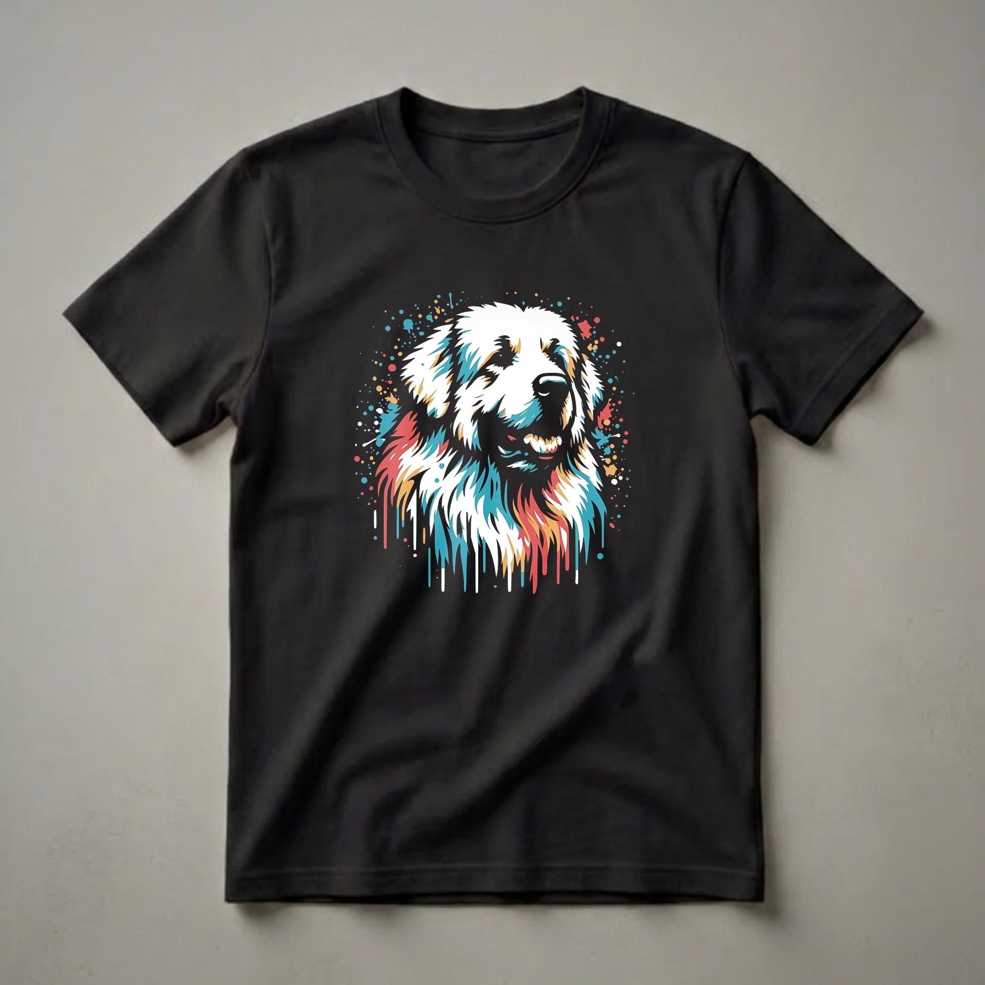 Black t-shirt featuring a colorful, stylized portrait of a Great Pyrenees dog's head with teal, red, and gold paint splatters and drips.