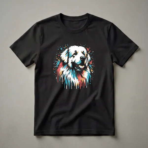 Black t-shirt featuring a colorful, stylized portrait of a Great Pyrenees dog's head with teal, red, and gold paint splatters and drips.