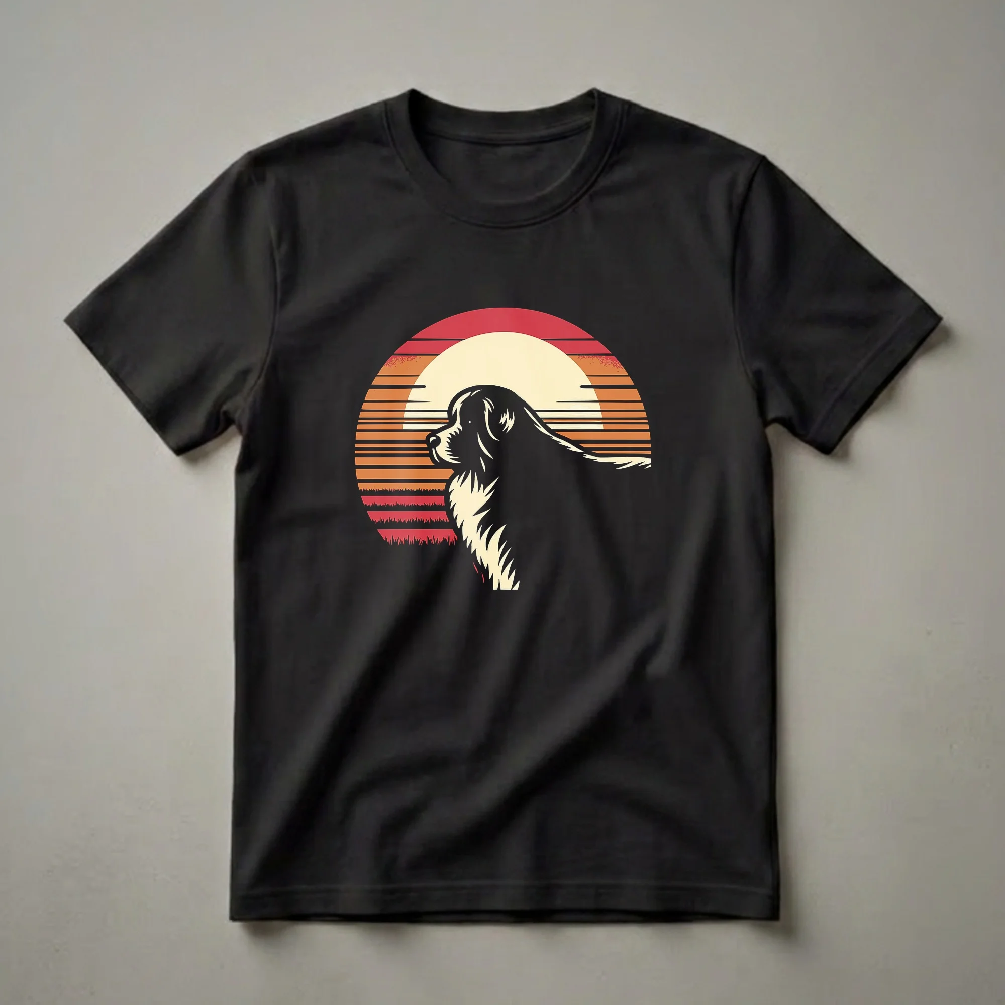 Black graphic t-shirt featuring a silhouette of a Great Pyrenees dog against a retro sunset with orange, red, and yellow stripes.