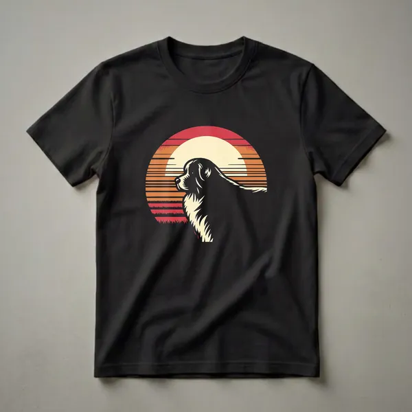 Black graphic t-shirt featuring a silhouette of a Great Pyrenees dog against a retro sunset with orange, red, and yellow stripes.