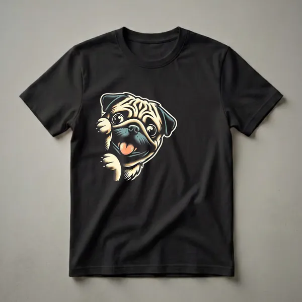 Black t-shirt featuring a stylized illustration of a pug's face peeking from the left side, with its tongue out and paws visible, rendered in a retro comic art style.