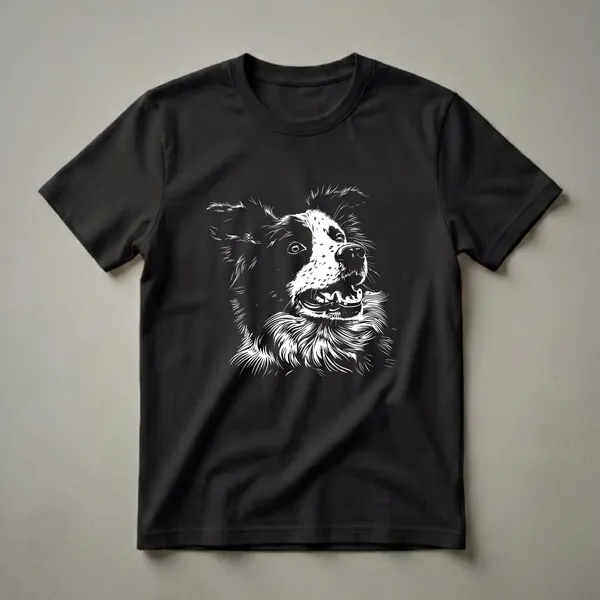 Black t-shirt with a white line art illustration of a Border Collie dog's face, showing its eyes, nose, and fluffy fur.