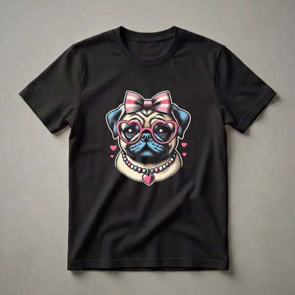 Black t-shirt featuring a graphic of a pug wearing pink heart-shaped glasses, a pink and white striped bow, and a pearl necklace with a pink heart pendant.