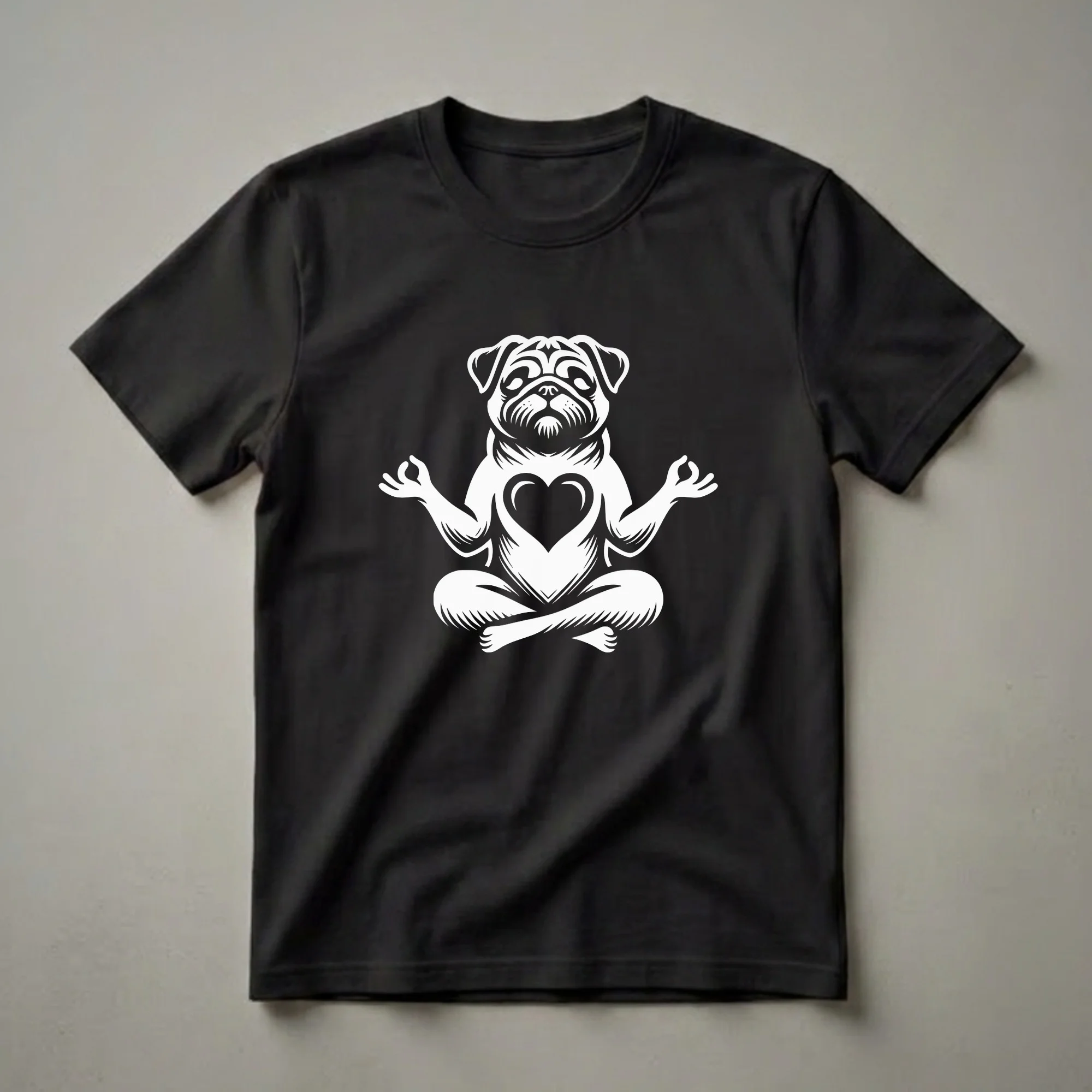 White graphic of a pug sitting in a yoga lotus pose with its hands in a mudra gesture and a heart shape on its chest, on a black background.