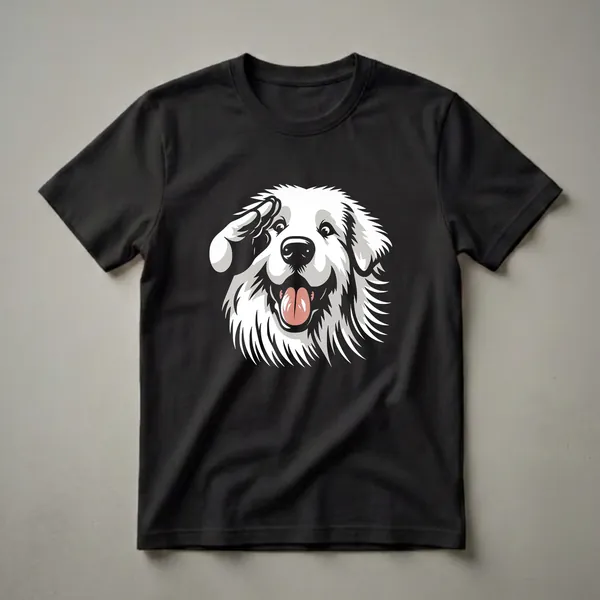 White Great Pyrenees dog graphic with a pink tongue sticking out and one paw saluting, on a black t-shirt.