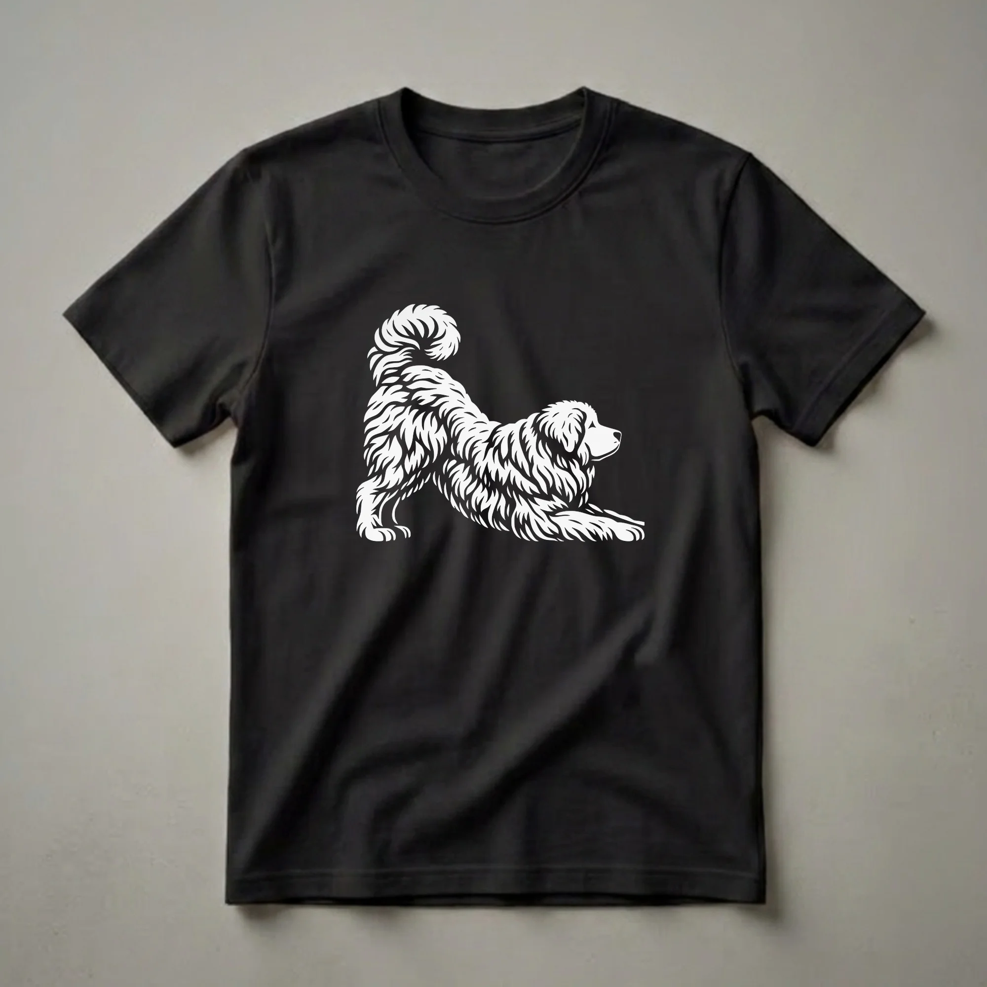 Black t-shirt with a white graphic of a fluffy Shetland Sheepdog in a playful pose, showing its detailed fur and curled tail.