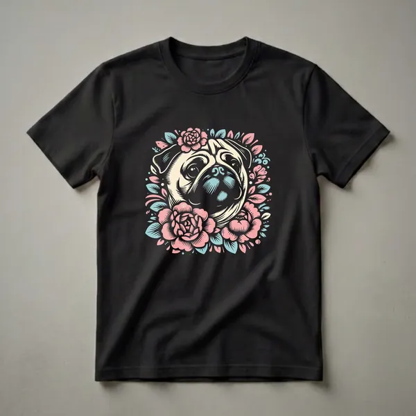 Black t-shirt featuring a cream-colored pug face surrounded by pink and teal floral elements, with a stylized art style.
