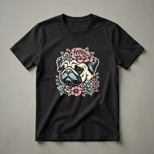Cream colored pug face with a floral crown in pink and teal, set against a black background, on a t-shirt.