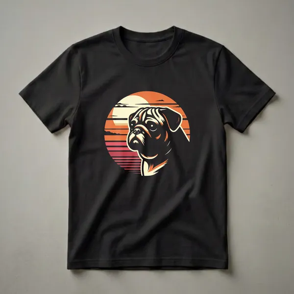 Black t-shirt featuring a retro sunset graphic with a pug's head in profile, rendered in shades of orange, cream, and red.