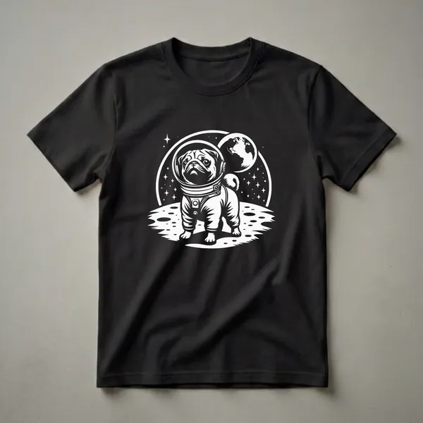 White graphic of a pug wearing an astronaut helmet and suit, standing on the moon with Earth and stars in the background, on a black t-shirt.