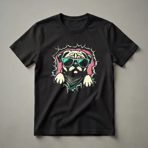 Black t-shirt featuring a graphic design of a pug wearing teal sunglasses and a bandana, breaking through a cracked pink and cream background.