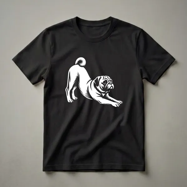 White graphic of a pug in a downward-facing dog yoga pose on a black t-shirt, with visible wrinkles and curled tail detail.