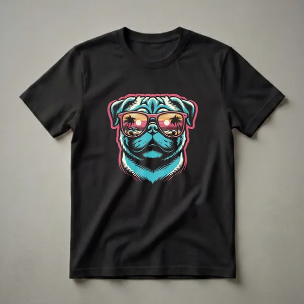 Blue pug wearing pink sunglasses with a beach sunset reflected in the lenses, graphic t-shirt design.