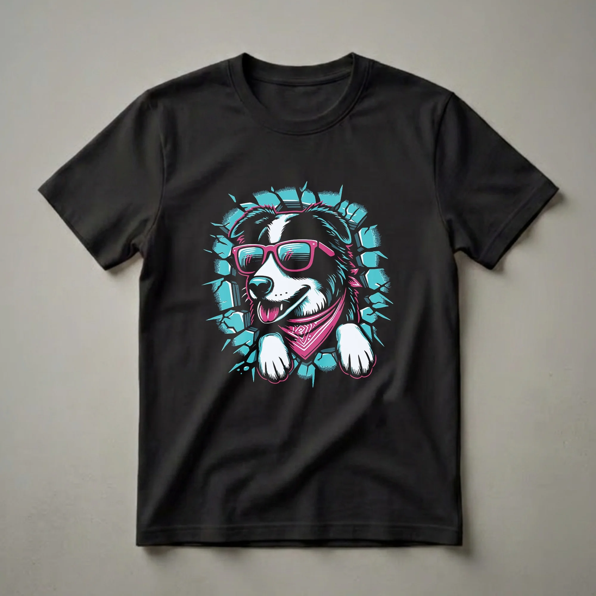 Black t-shirt featuring a Border Collie dog wearing pink sunglasses and a pink bandana, breaking through a cracked wall with teal and pink accents.