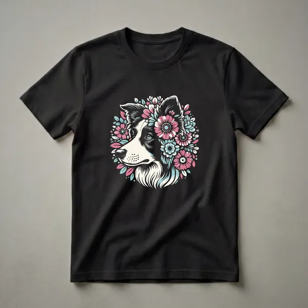 Black t-shirt featuring a Border Collie's head in profile, adorned with a circular arrangement of pink, blue, and cream flowers and leaves.