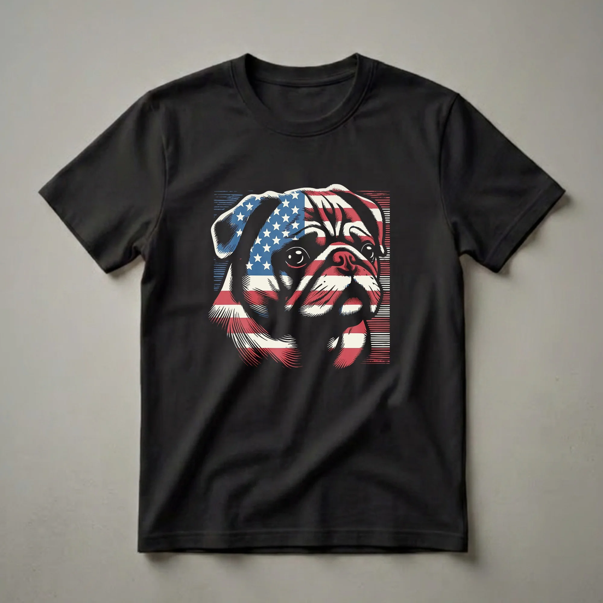 Black t-shirt featuring a graphic design of a pug's face with the American flag pattern covering its features, set against a black background.