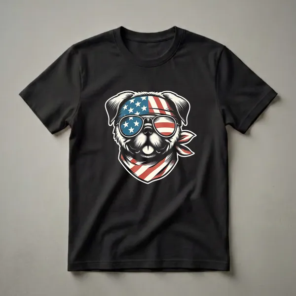 White pug wearing sunglasses and bandana with American flag design, graphic t-shirt.