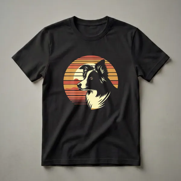A graphic t-shirt featuring a white and black Border Collie's head in profile against a retro sunset with orange, yellow, and red horizontal stripes.