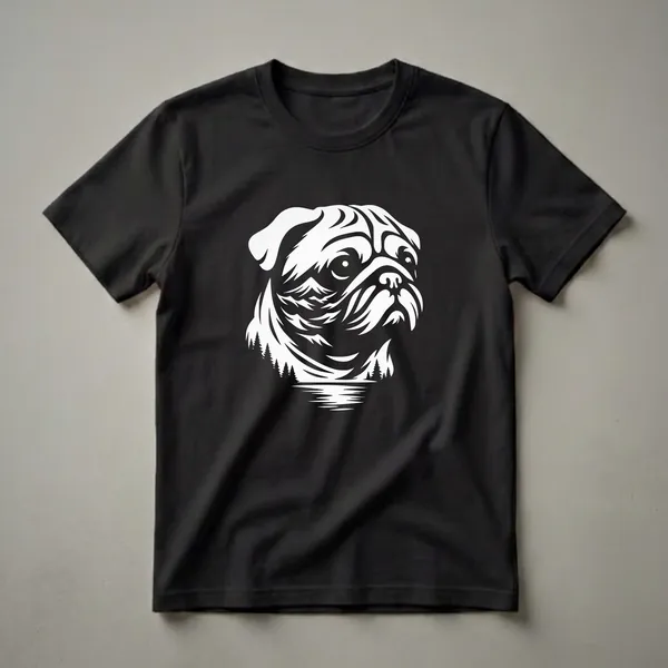 White graphic of a pug's face with a mountain and forest landscape design, printed on a black t-shirt.