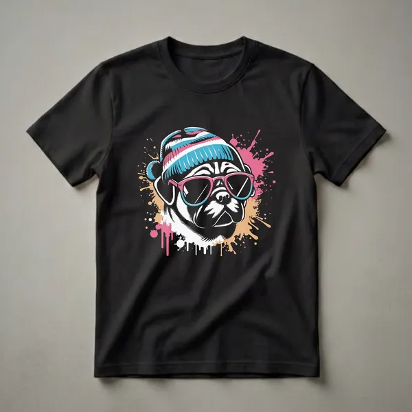 Black t-shirt featuring a graphic of a pug wearing pink sunglasses and a striped beanie, with pink, blue, and tan paint splatters.