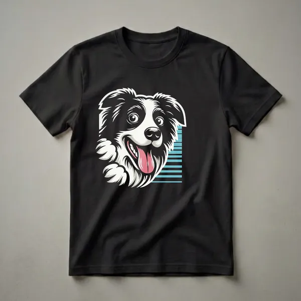 Black and white Border Collie dog with a wide grin and pink tongue peeking from the left side of a black t-shirt, with blue horizontal stripes on the right.