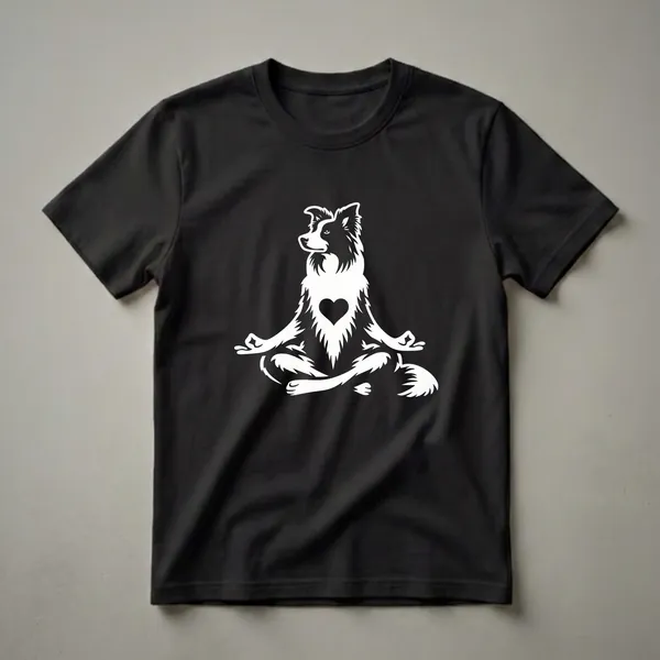 White graphic of a Border Collie dog sitting in a yoga lotus pose with a heart on its chest, on a black background.