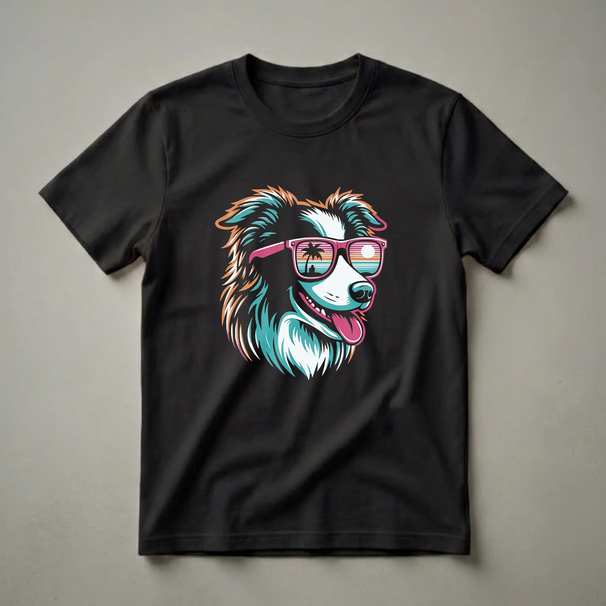 Black t-shirt featuring a colorful graphic of a Border Collie wearing pink sunglasses with a retro sunset beach scene reflected in the lenses.
