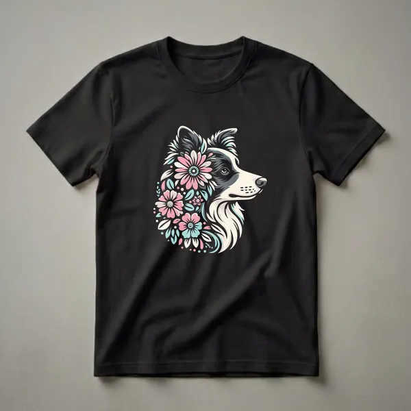 Black t-shirt featuring a graphic design of a Border Collie's head in profile, adorned with pink, blue, and cream flowers and leaves.