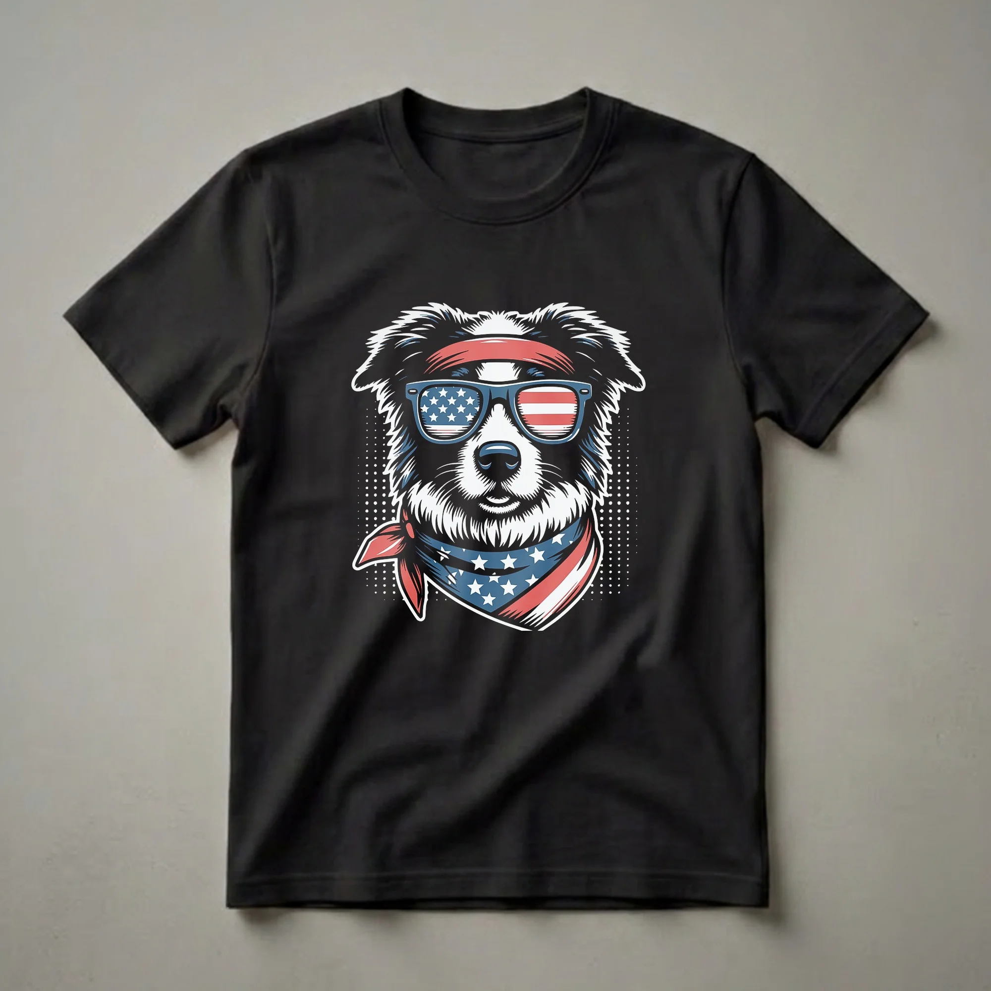 Black and white Border Collie wearing blue sunglasses with American flag lenses and a red, white, and blue bandana, on a black background.