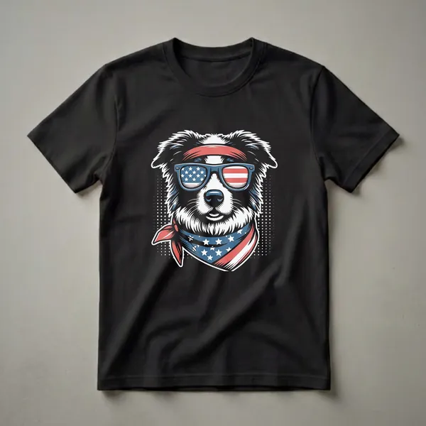 Black and white Border Collie wearing blue sunglasses with American flag lenses and a red, white, and blue bandana, on a black background.