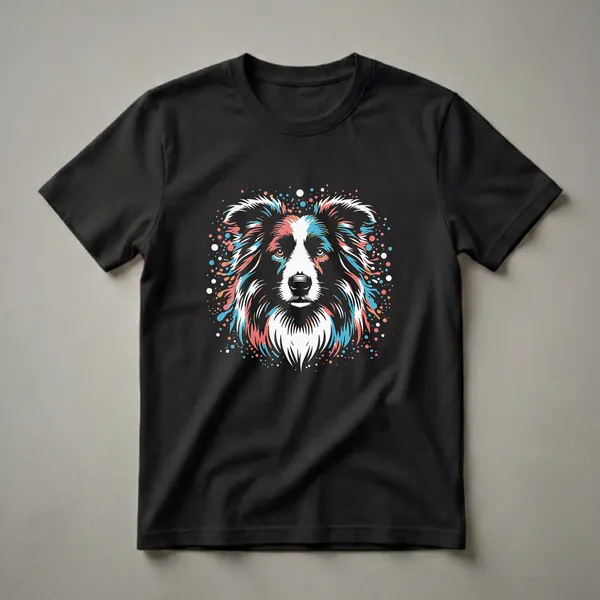 Black t-shirt featuring a colorful graphic art portrait of a Border Collie's face with abstract coral, teal, and yellow splashes and dots.