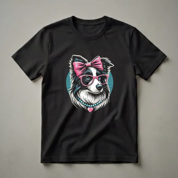 Black and white Border Collie dog wearing pink glasses, a pink bow, and a turquoise beaded necklace with a pink heart pendant, on a black background with a blue striped oval.